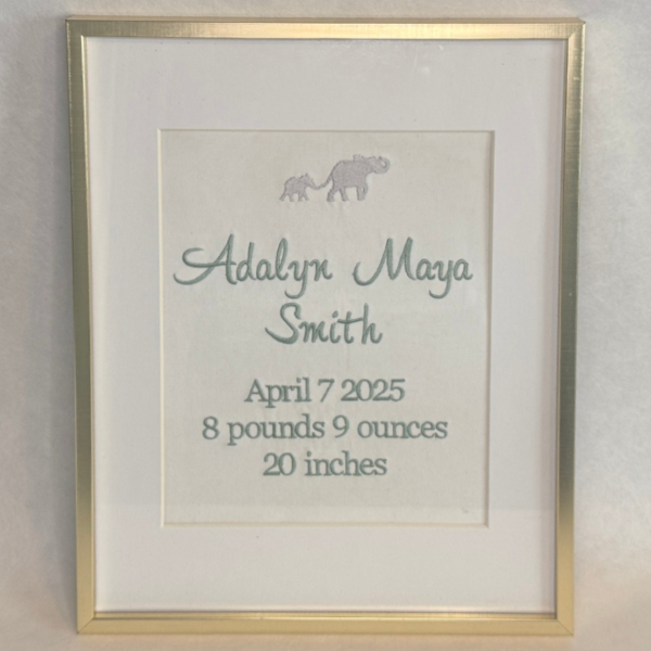 Framed embroidery with baby's name, birth date, weight, and height on a light background