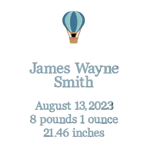 Personalized birth announcement with hot air balloon design on a white background