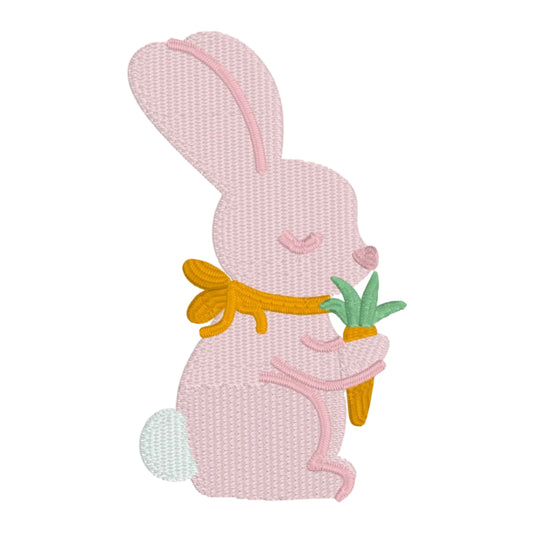 Embroidered pink bunny with carrot on a white background