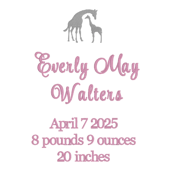 Baby birth announcement with giraffe and foal illustration and text details.